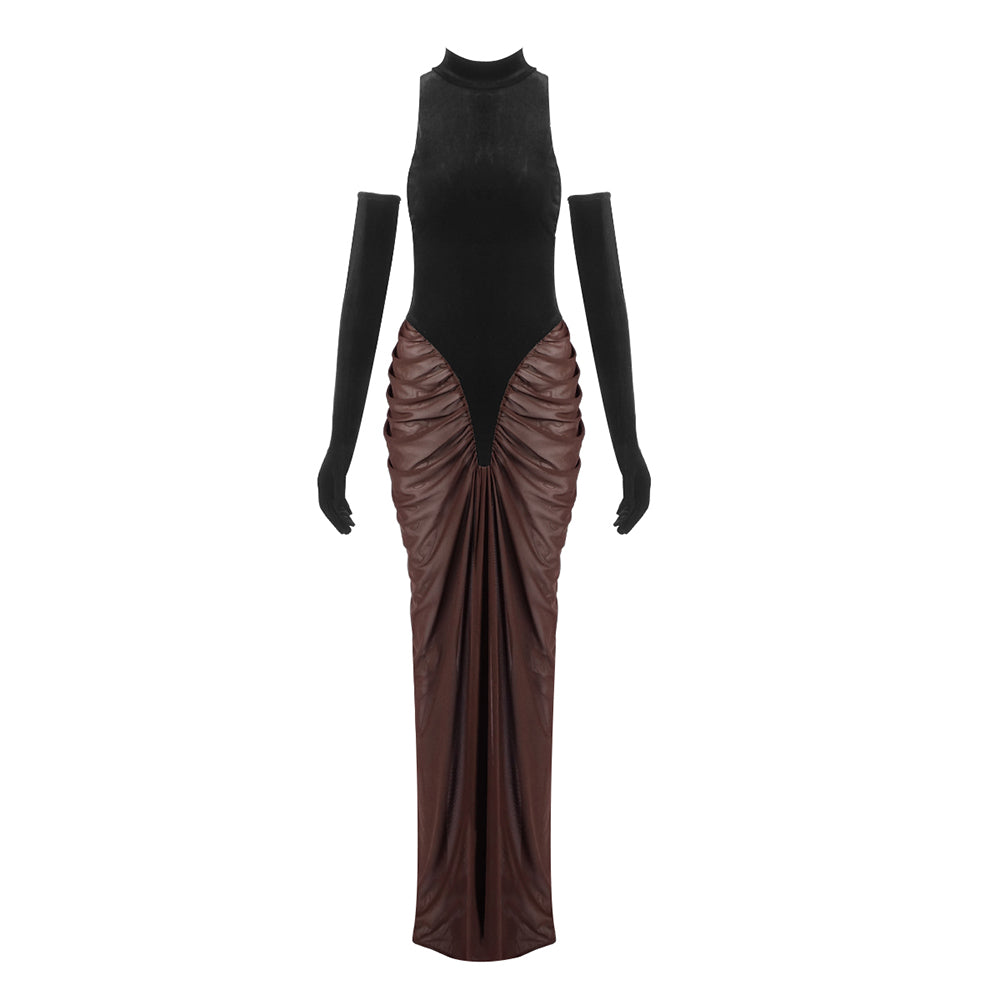 Halter Draped Maxi Velvet Dress Black Brown HV