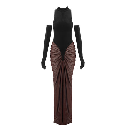 Halter Draped Maxi Velvet Dress Black Brown HV