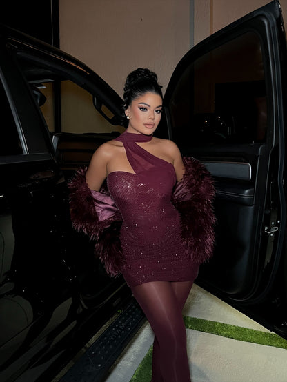 Halter Scarf Draped Sparkly Dress Burgundy HV2798