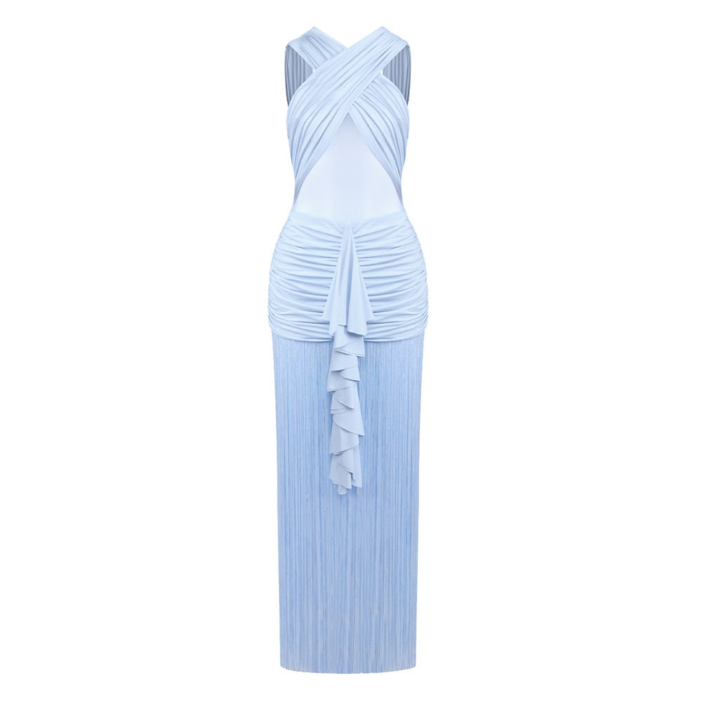 Draped Ruffle Tassel Maxi Dress Blue HV0008