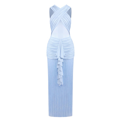 Draped Ruffle Tassel Maxi Dress Blue HV0008