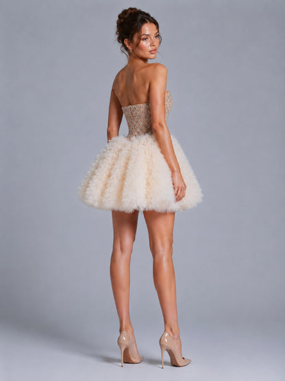 Strapless Embellished Ruffle A Line Dress Ivory HV3129