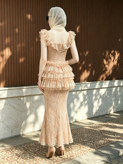 Ruffle Lace Maxi Dress Peach Nude HV3233