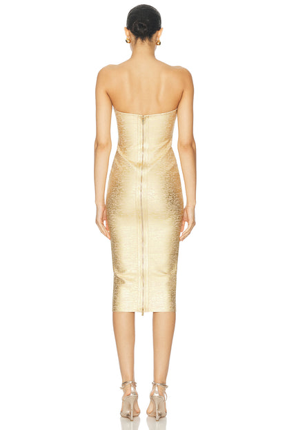 Strapless Woodgrain Foil Print Midi Dress HV3138