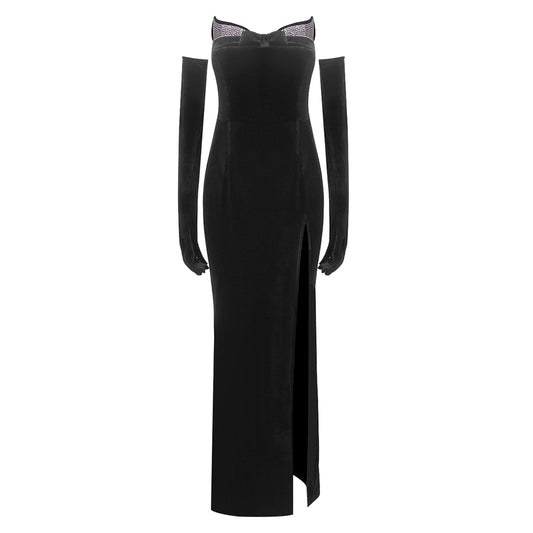 Strapless Embellished Maxi Velvet Dress Black HV1204