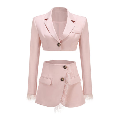 Long Sleeve Feather Two Piece Dress Pink HV1261
