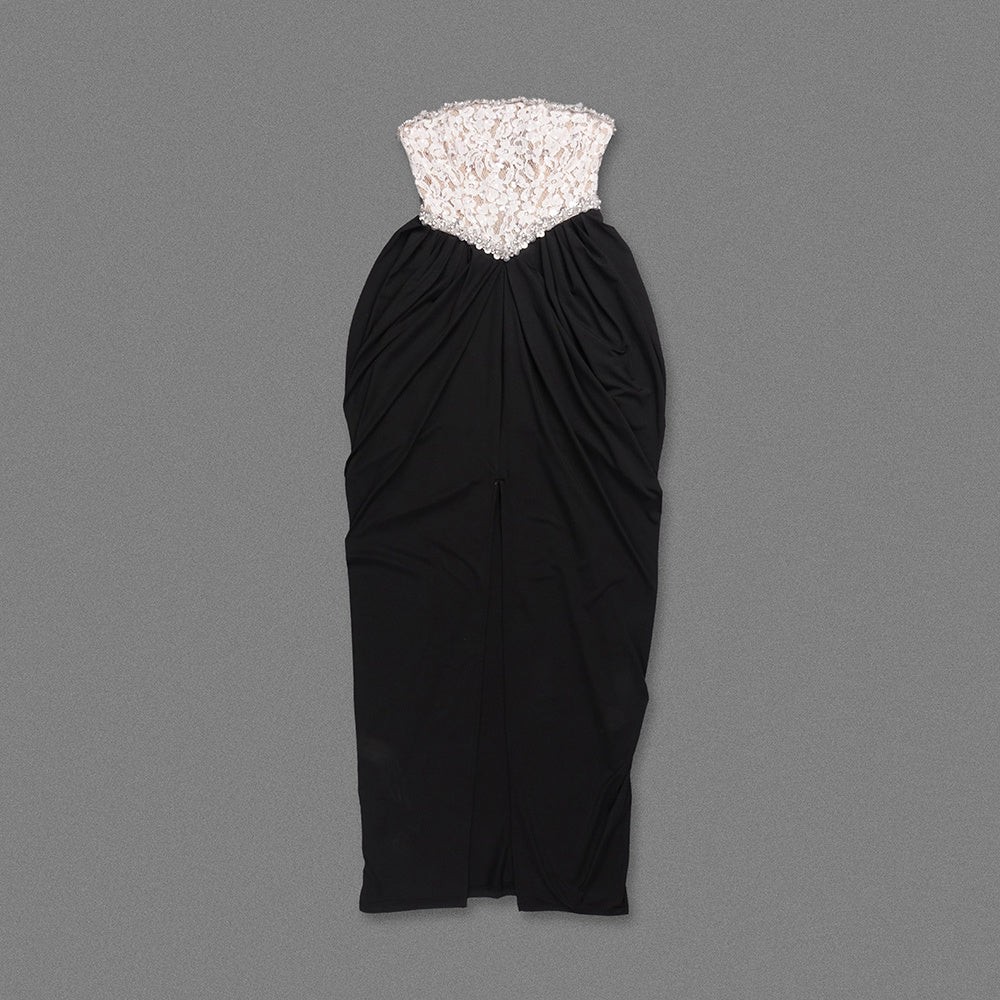Strapless Crystal Lace Corset Maxi Dress Black White HV0039