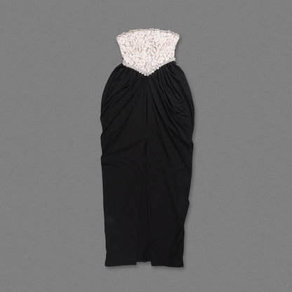 Strapless Crystal Lace Corset Maxi Dress Black White HV0039