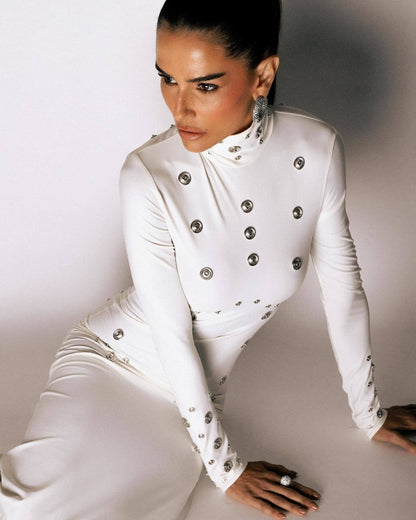 Long Sleeve Studded Maxi Dress White HV2621