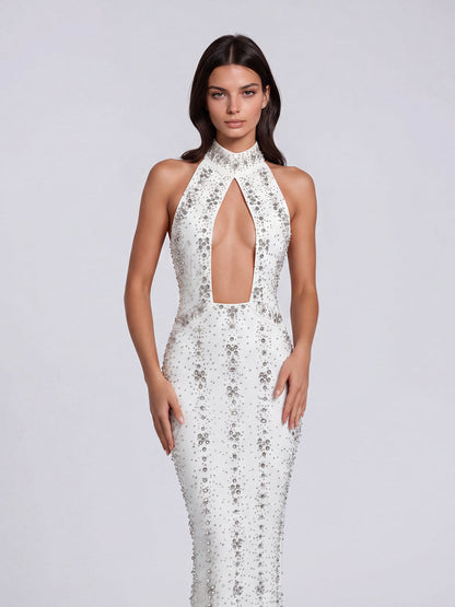 Halter Crystal Cut Out Maxi Dress  HV3082