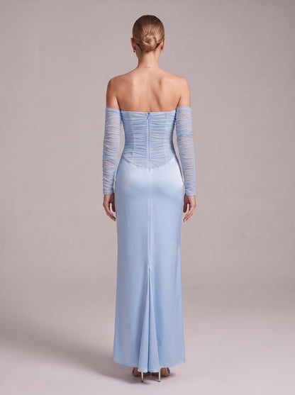 Long Sleeve Draped Mesh Bustier Maxi Dress Blue HV3179