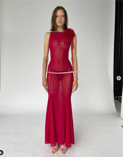 Floral Detail Maxi Dress Red