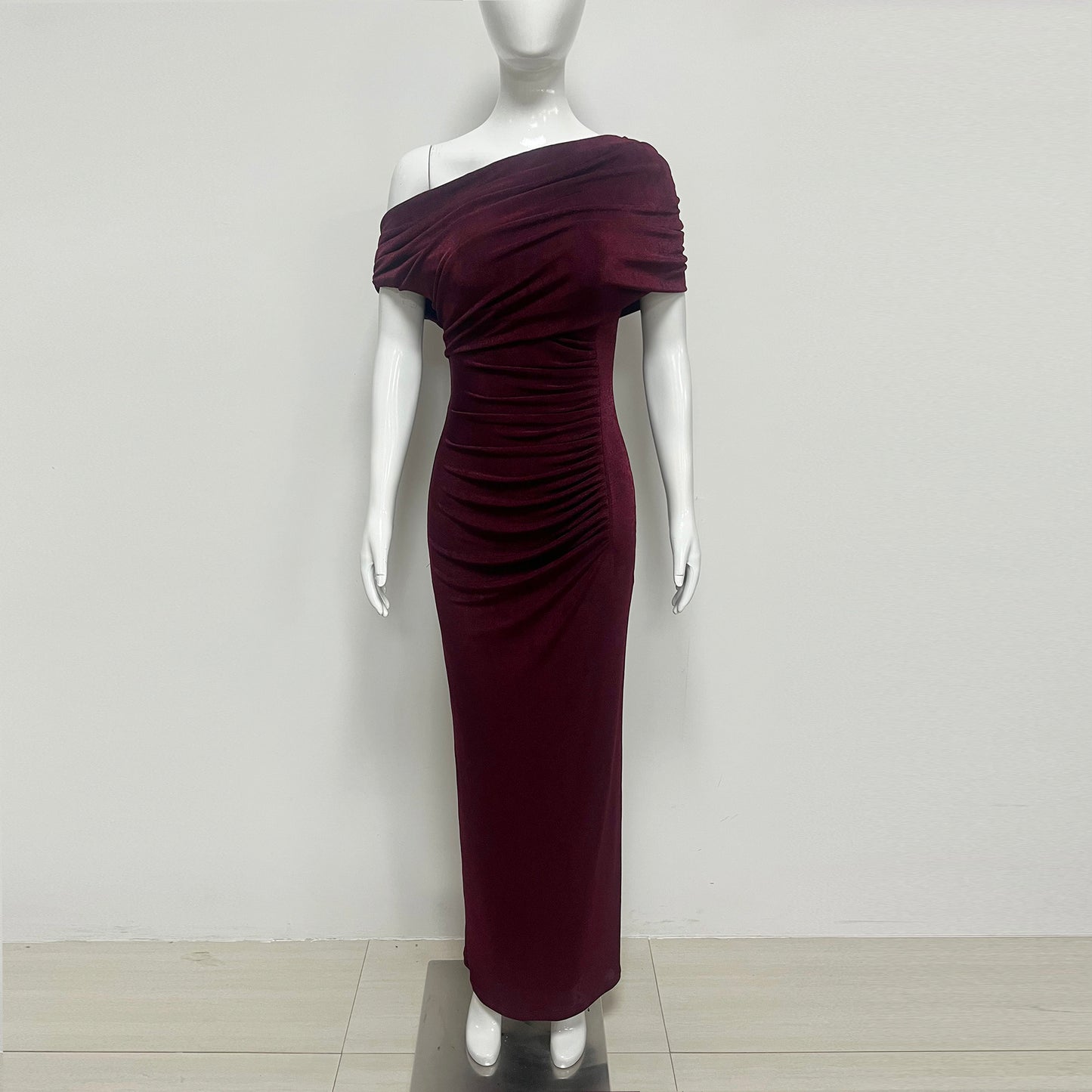 One Shoulder Bardot Draped Maxi Dress Burgundy HV2828