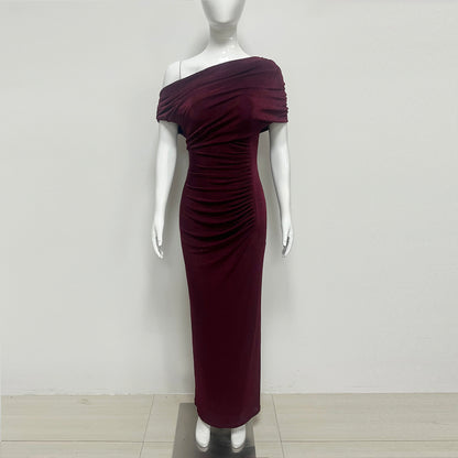 One Shoulder Bardot Draped Maxi Dress Burgundy HV2828