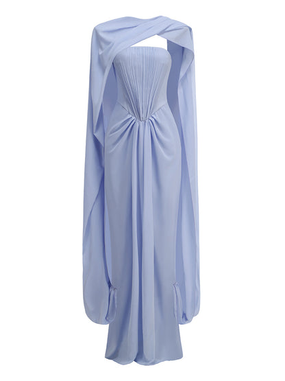 Strapless Draped Cape Maxi Dress Blue HV3074