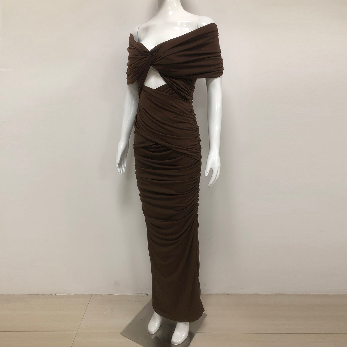 Draped Bardot Maxi Dress Brown HV2354