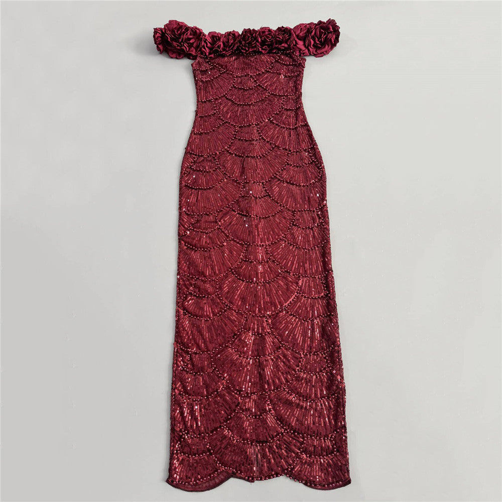 Floral Bardot Sequin Maxi Dress Burgundy HV3095