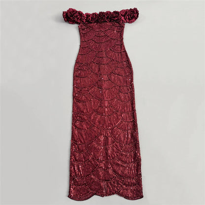 Floral Bardot Sequin Maxi Dress Burgundy HV3095