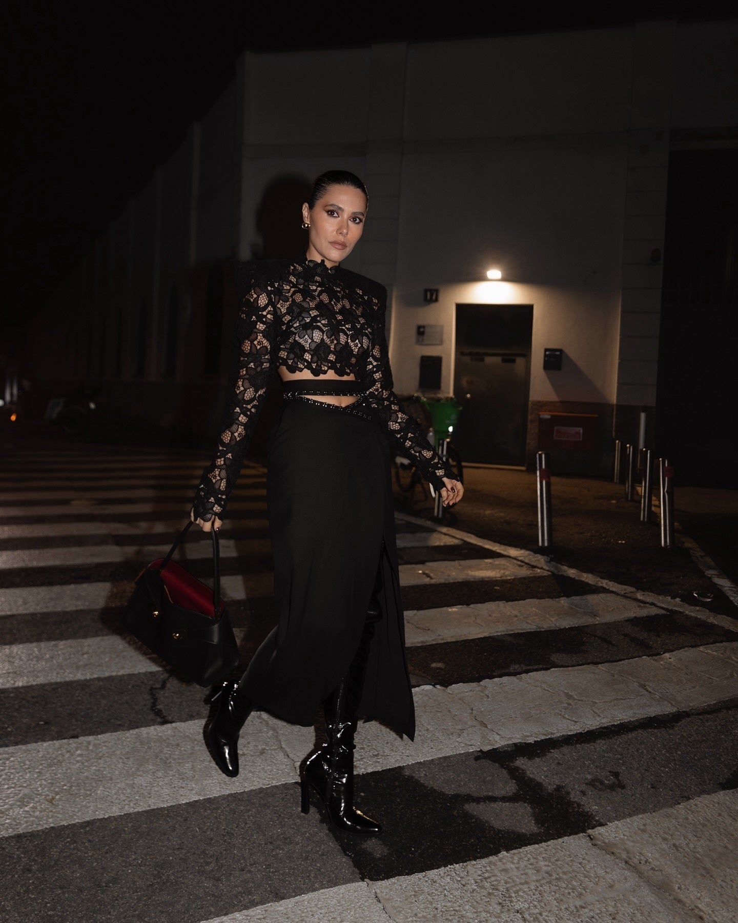 Long Sleeve Lace Midi Two Piece Dress Black HV0052