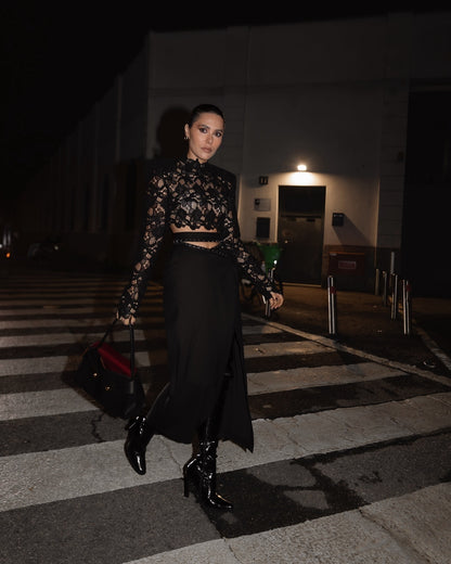 Long Sleeve Lace Midi Two Piece Dress Black HV0052