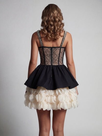 Crystal Bustier Petal A Line Dress Black Ivory HV2878