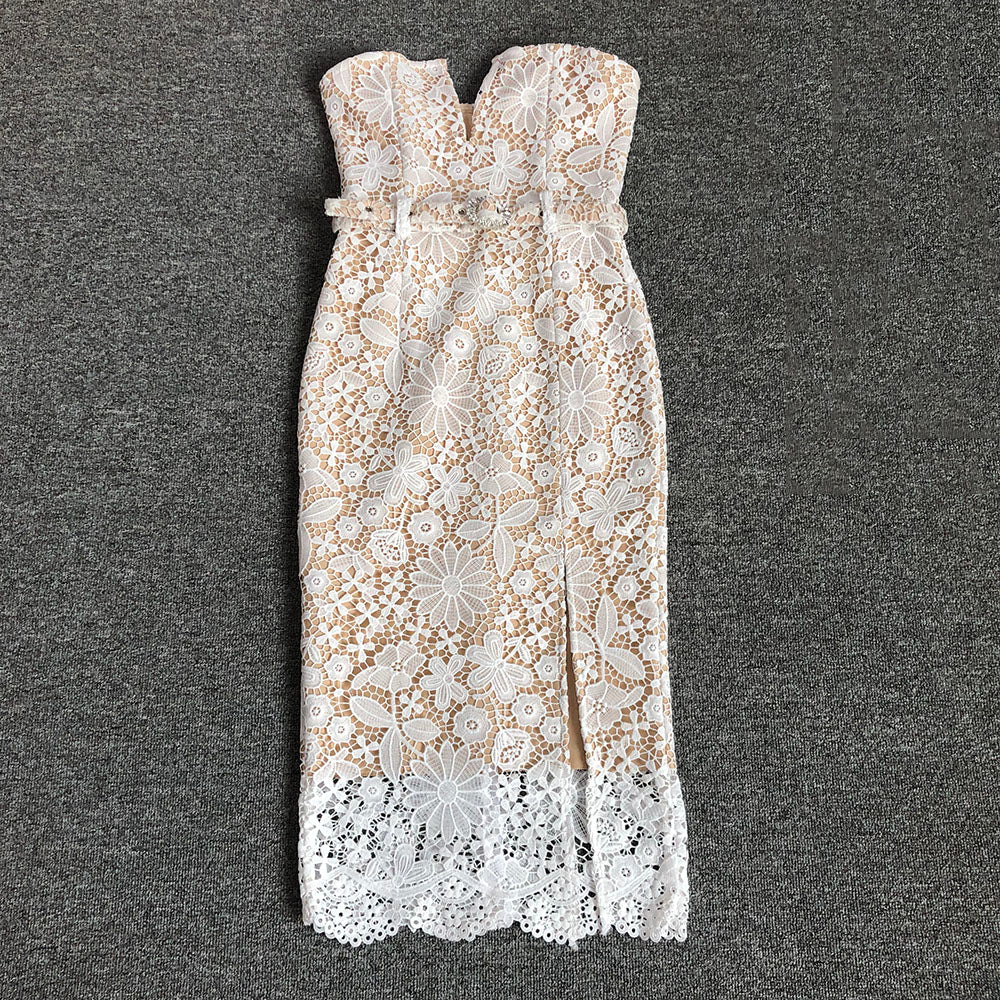 Strapless Floral Crochet Midi Dress White HV1778