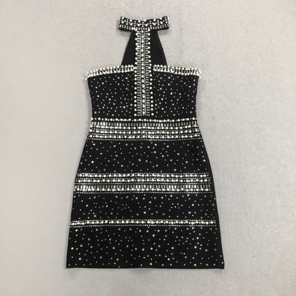 Halter Pearl Crystal Dress Black HV2723