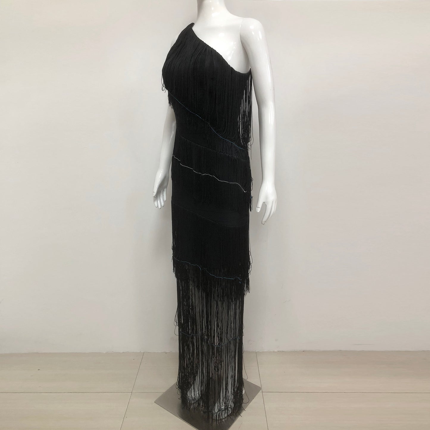 One Shoulder Tassel Maxi Dress Black HV2167