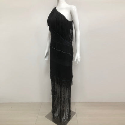 One Shoulder Tassel Maxi Dress Black HV2167