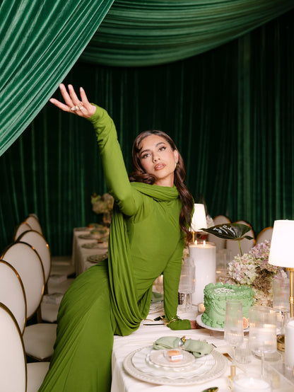 Long Sleeve Draped Maxi Dress Green HV0054