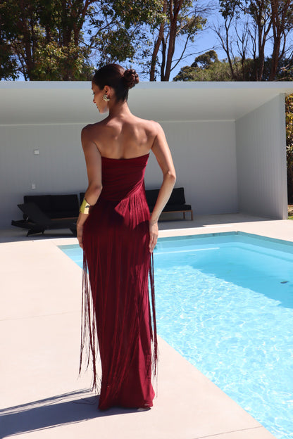 Strapless Tassel Maxi Dress Burgundy HV2688