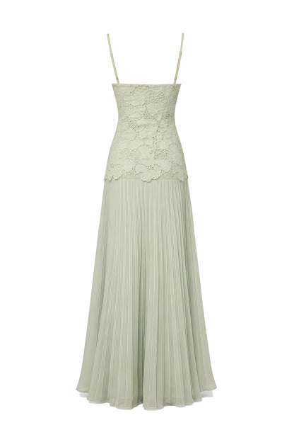 Lace Bustier Pleated A Line Maxi Dress Green HV3236