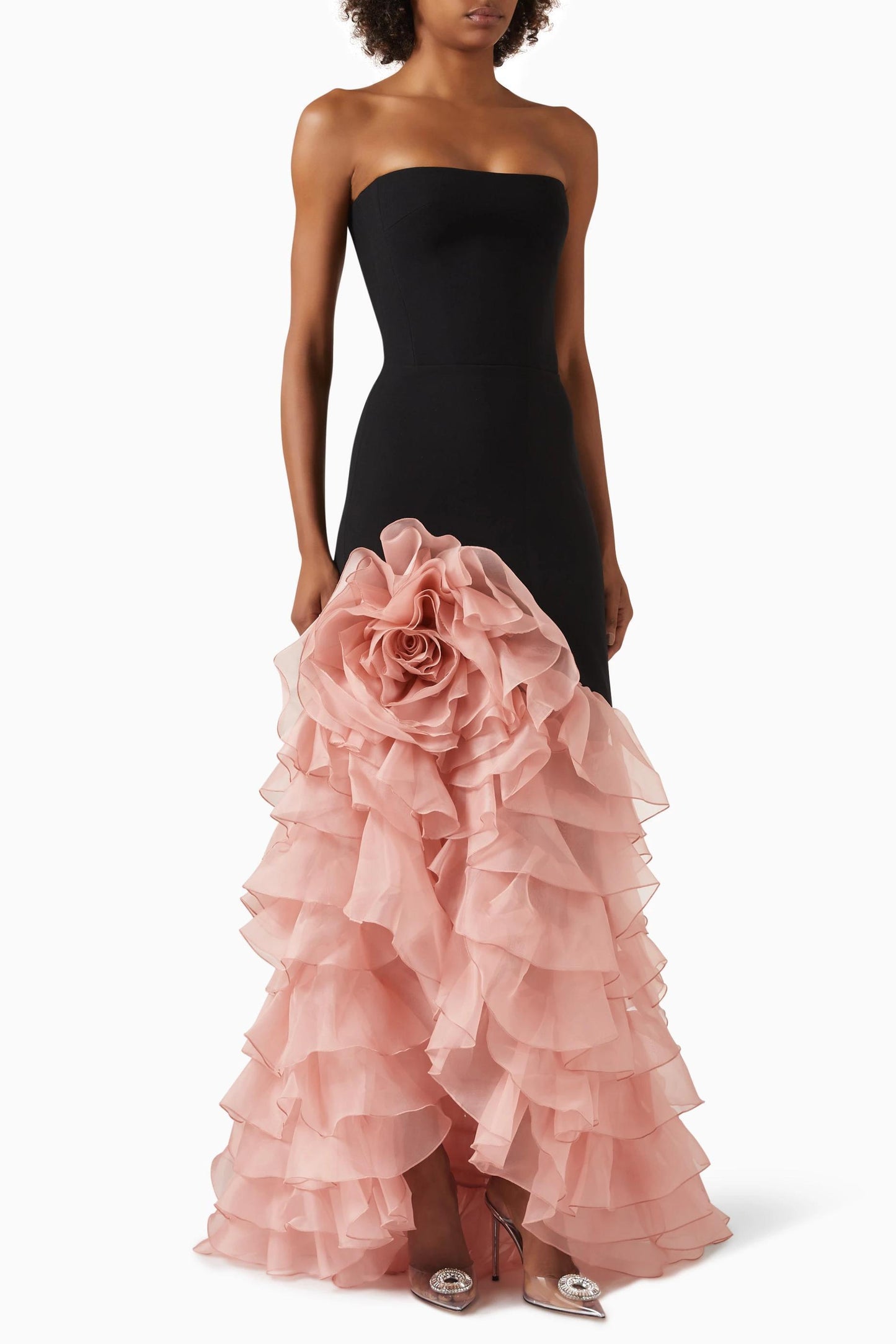 Strapless Floral Ruffle Maxi Dress Black Pink HV2811