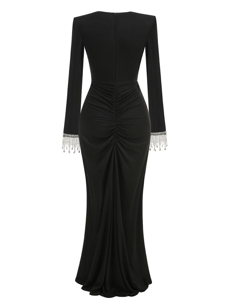 Long Sleeve Crystal Detail Draped Maxi Dress Black