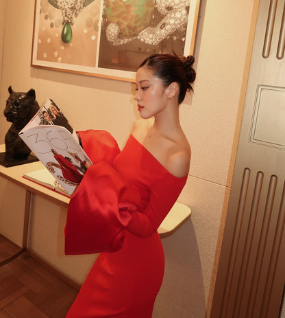 Long Sleeve Bardot Maxi Dress Red HV1855