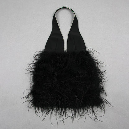 Halter Crystal Feather Dress Black HV1189