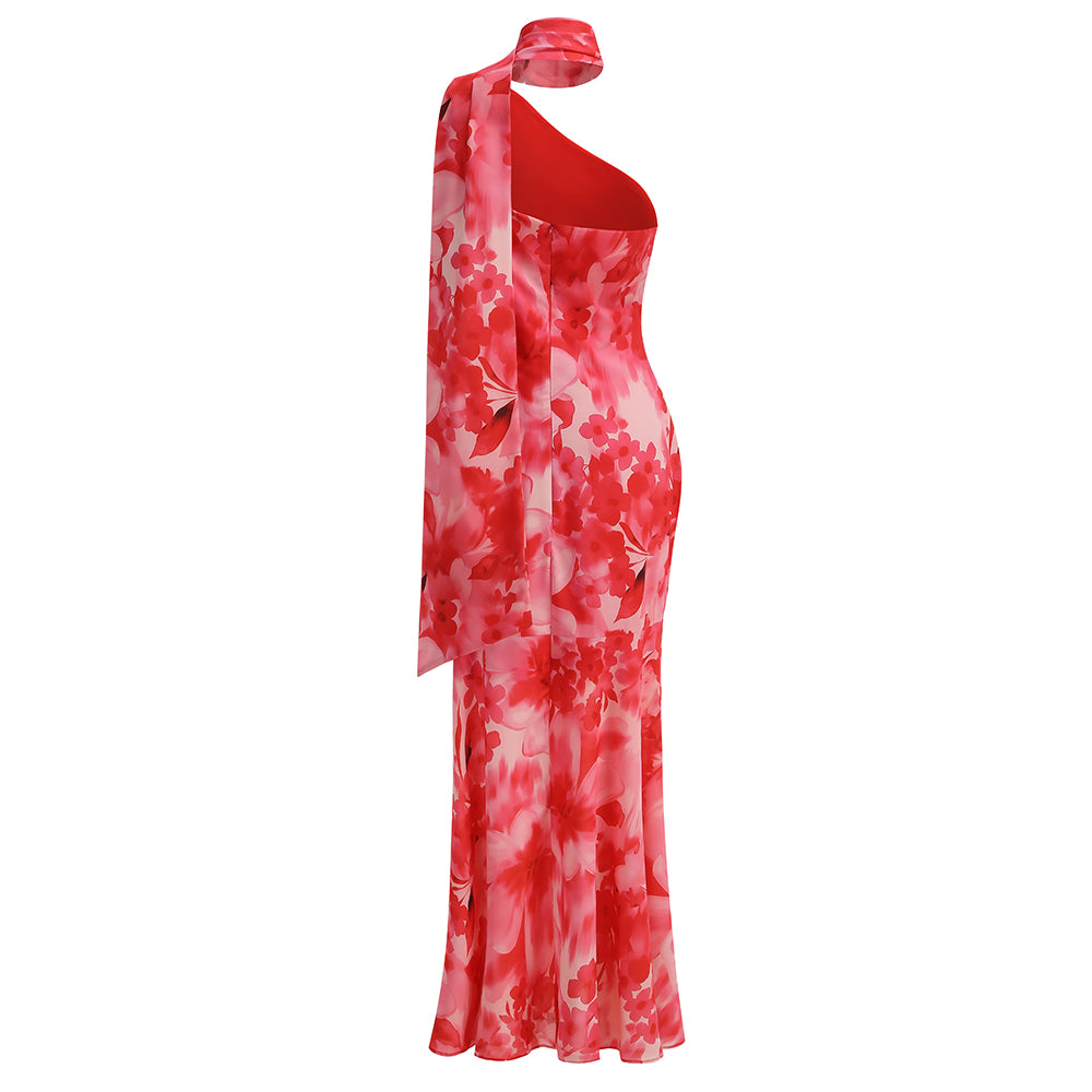 Halter Floral A Line Maxi Dress Hot Pink HV2973