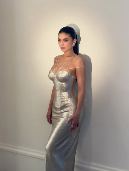 Strappy Bustier Sequin Maxi Dress Silver HV2925