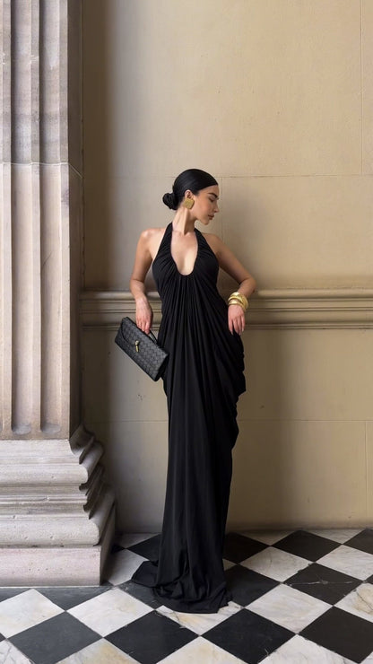Halter Draped Design Maxi Dress Black HV0068