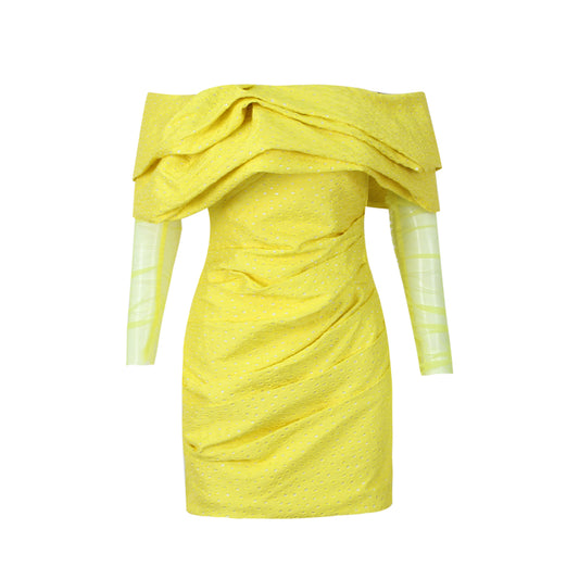 Long Sleeve Draped Off Shoulder Sparkly Dress Yellow HV9878