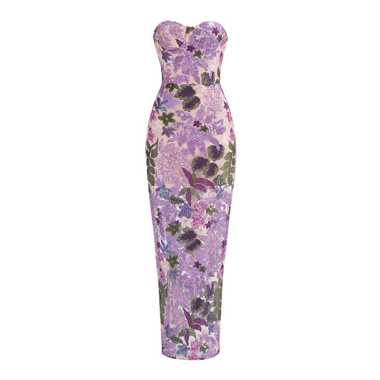 Strapless Floral Sequin Bustier Maxi Dress Lavender HV1373