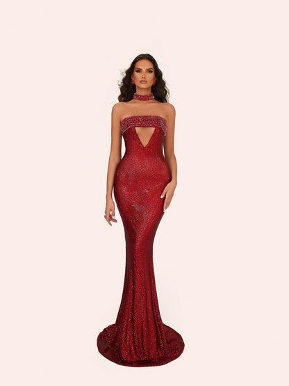 Strapless Choker Embellished Maxi Dress Red HV2815