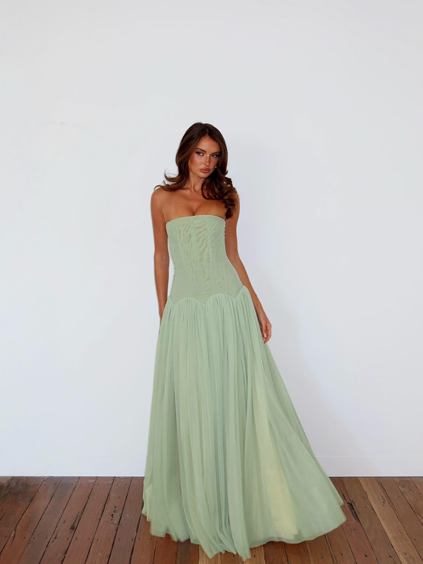 Strapless A Line Maxi Dress Green HV0086