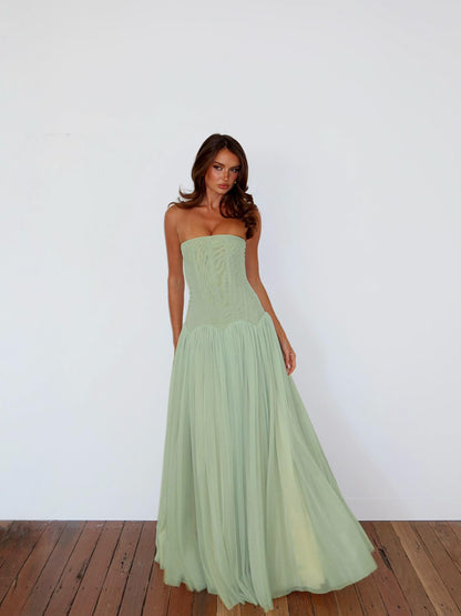 Strapless A Line Maxi Dress Green HV0086