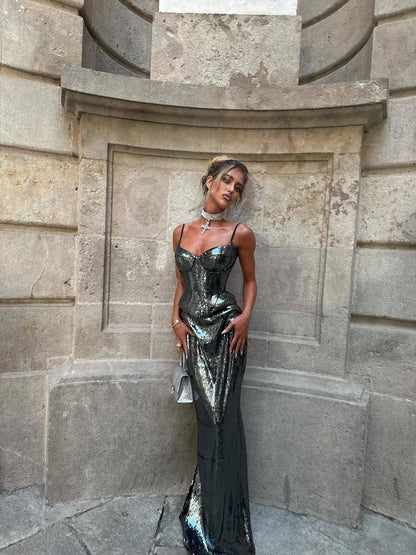 Sequin Peplum Corset Maxi Dress Black HV0045