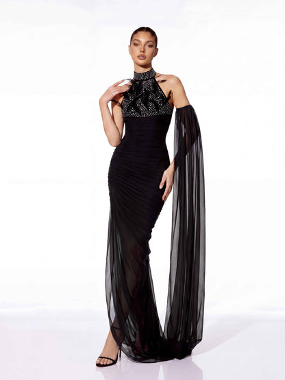 Halter Crystal Feather Draped Mesh Maxi Dress Black HV3081