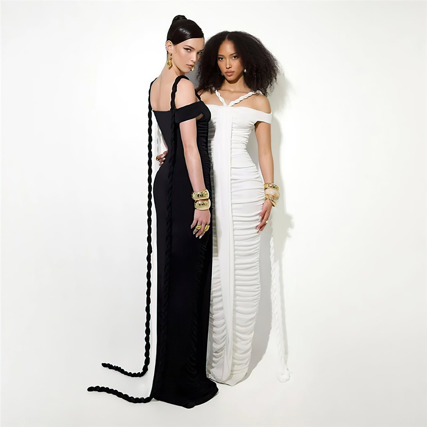 Braid Detail Bardot Ruched Maxi Dress White HV1713