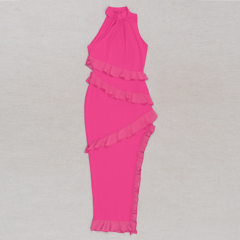 Halter Ruffle Maxi Dress Hot Pink HV9411