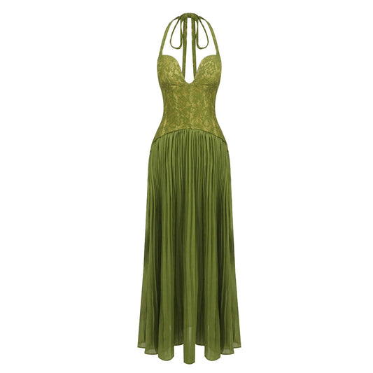 Halter Pleated Corset Maxi Dress Green HV0095