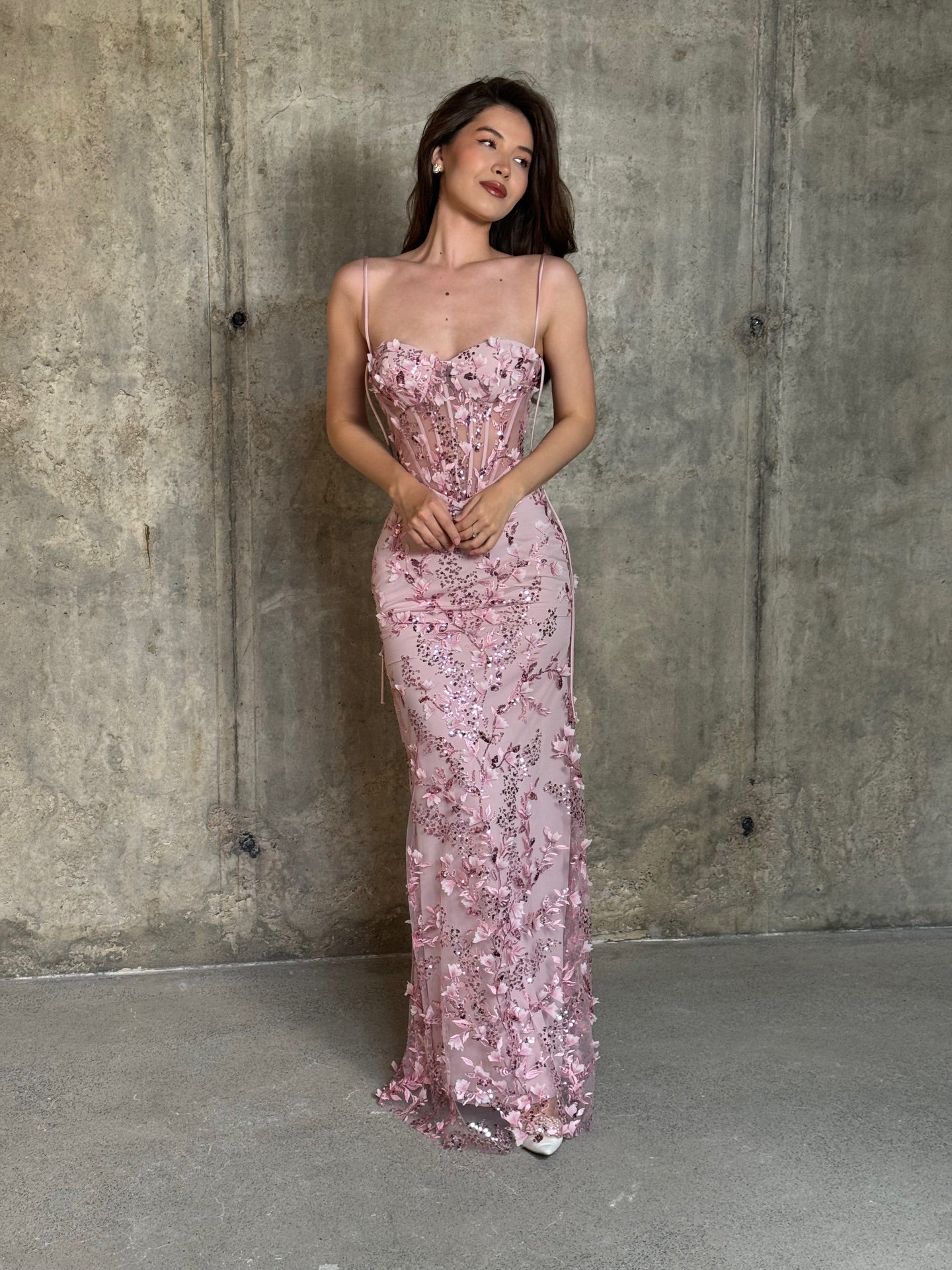 Floral Sequin Structured Bustier Maxi Dress HV3212